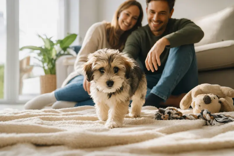 Ein neugieriger Pachon De Victoria Welpe erkundet sein Zuhause mit einer weichen Decke und Spielzeug, während eine liebevolle Familie im Hintergrund zu sehen ist.