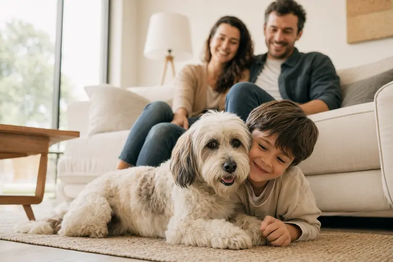 Ein freundlicher Pachon Navarro Hund liegt entspannt neben einem Kind im Wohnzimmer, während die Eltern im Hintergrund eine sichere Familienatmosphäre schaffen.