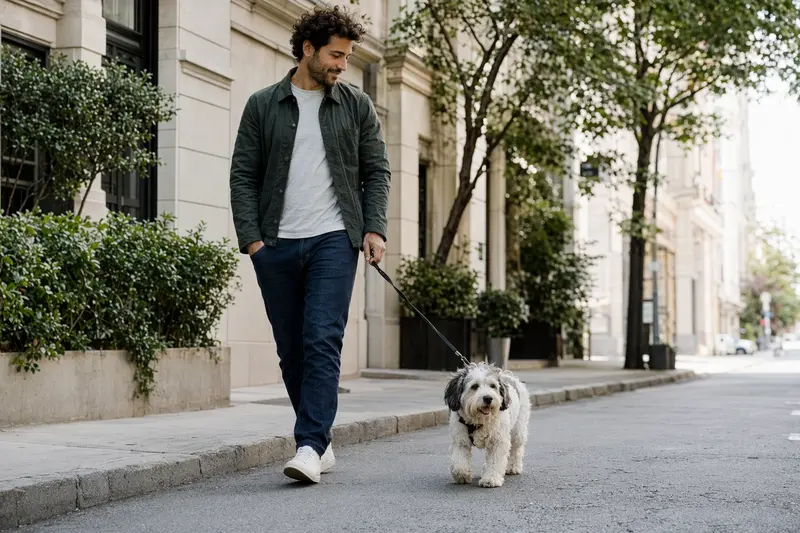 Ein Pachon Navarro Hund läuft an der Leine mit seinem Besitzer durch eine moderne Stadtstraße.