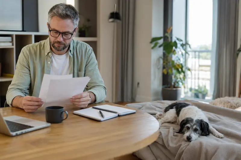 Ein Hundehalter sitzt mit einer Tierarztrechnung am Tisch, während ein entspannter Pachon Navarro auf einer Decke daneben ruht und die Hundekrankenversicherung im Alltag sichtbar wird.
