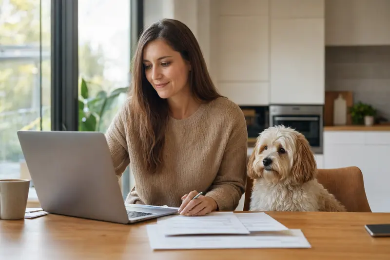 Ein Pachon Navarro sitzt ruhig neben seinem Besitzer am Küchentisch mit Versicherungsunterlagen und einem Laptop zur Hundekrankenversicherung.