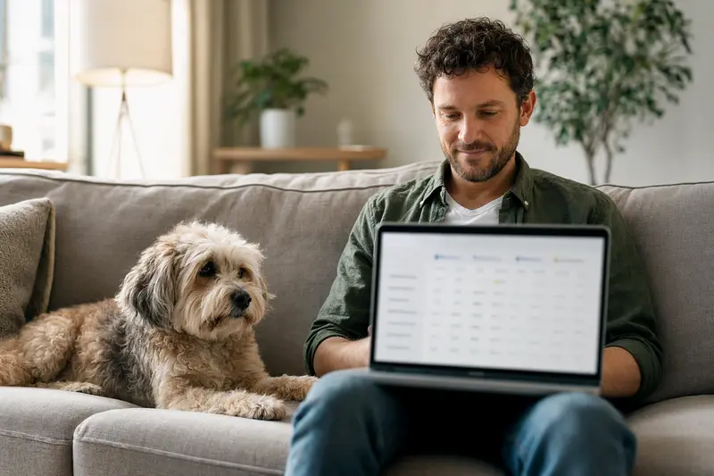 Ein Besitzer sitzt entspannt mit einem Laptop auf dem Sofa, während sein Pachon Navarro Hund neben ihm sitzt und auf den Bildschirm schaut.