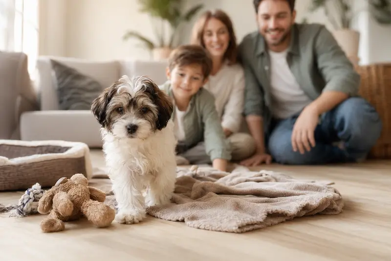 Ein neugieriger Pachon Navarro Welpe entdeckt sein neues Zuhause mit Spielzeug und einer liebevollen Familie im Hintergrund.