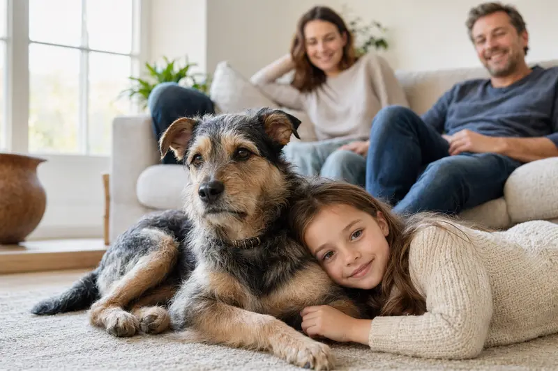 Ein freundlicher Familienhund liegt entspannt neben einem Kind im hellen Wohnzimmer, während die Eltern im Hintergrund eine sichere und vertrauensvolle Atmosphäre schaffen.