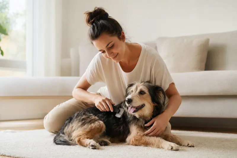Ein Pai Hund wird zuhause sanft gebürstet, während sein Besitzer liebevoll die Fellpflege übernimmt.