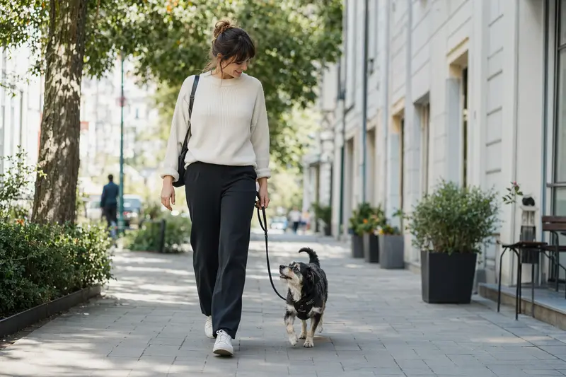 Ein Pai Hund läuft an der Leine mit seinem Besitzer durch eine moderne Stadtstraße im Alltag.