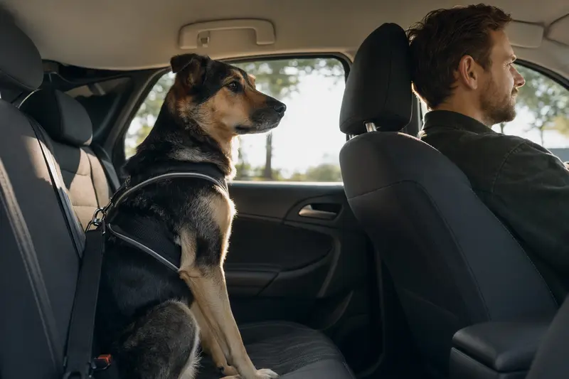 Ein Hund sitzt sicher angeschnallt auf der Rückbank eines Autos, während der Besitzer ruhig fährt, was verantwortungsvolle Hundesicherheit im Auto zeigt.