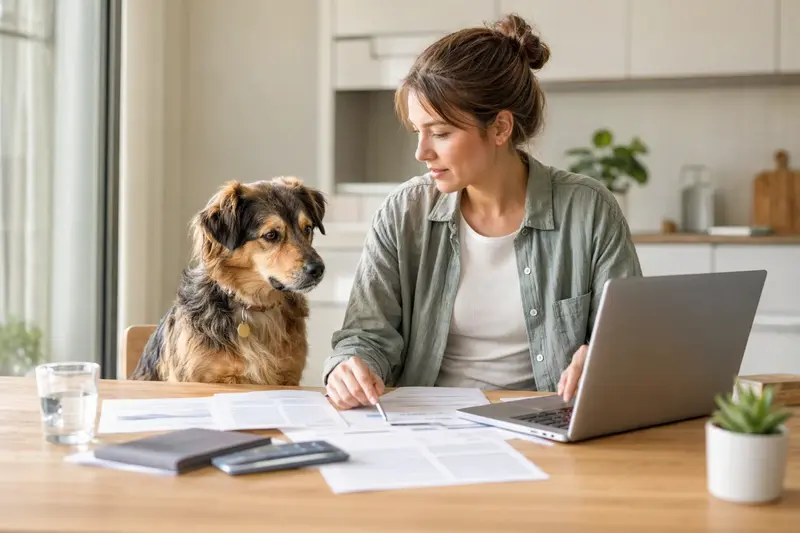 Ein Pai Hund sitzt ruhig neben seinem Besitzer am Küchentisch mit Versicherungsunterlagen und Laptop, passend zum Thema Hundekrankenversicherung.