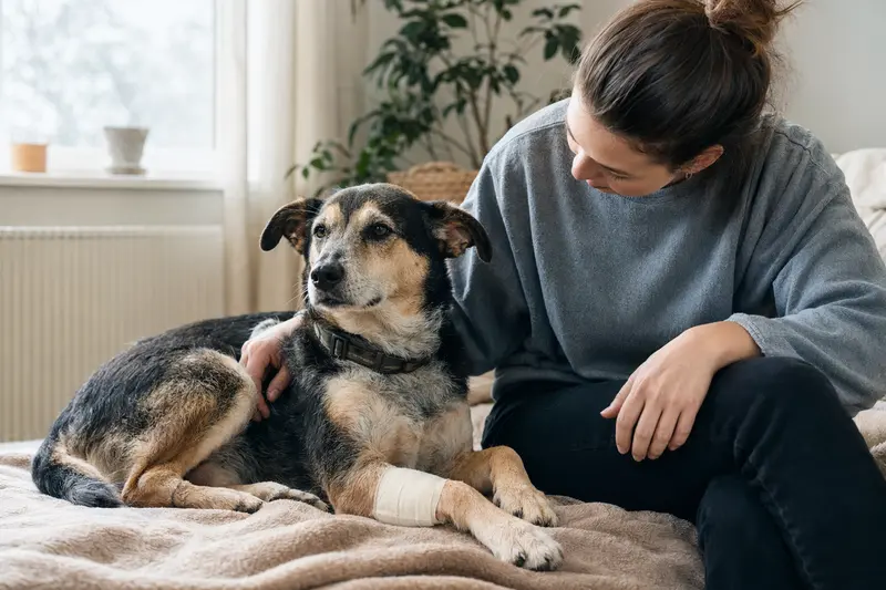 Ein ruhig liegender Pai Hund mit leicht verbundenen Pfote auf einer Decke neben seinem erleichterten Besitzer in einer hellen Wohnung.