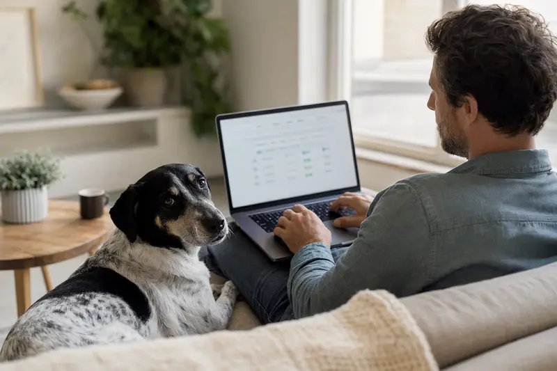 Hundehalter arbeitet am Laptop im Wohnzimmer, mit seinem Pai Hund, während er sich über Versicherungen informiert.