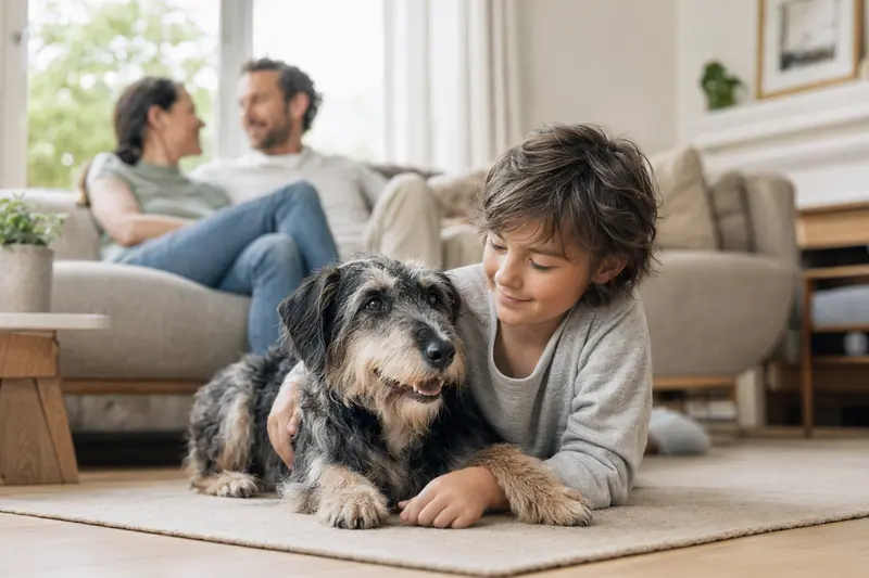 Ein freundlicher Paisley Terrier liegt entspannt neben einem Kind im hellen Wohnzimmer, während die Eltern im Hintergrund für eine sichere Familienatmosphäre sorgen.