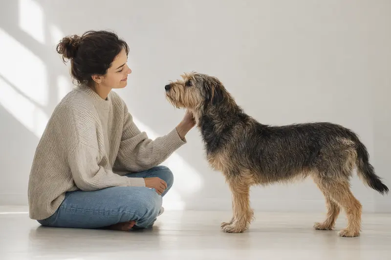 Ein aufmerksam stehender Paisley Terrier vor hellem Hintergrund in natürlicher Haltung, realistisch fotografiert mit weichem Licht und klaren Details.