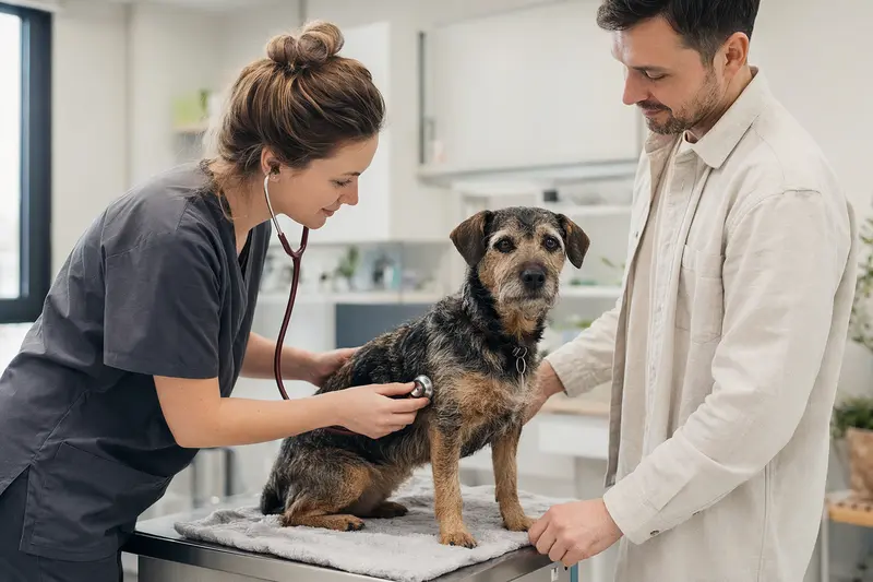 Ein Paisley Terrier auf einem Untersuchungstisch wird von einer freundlichen Tierärztin mit Stethoskop in einer modernen Praxis untersucht, während sein Besitzer beruhigend daneben steht.