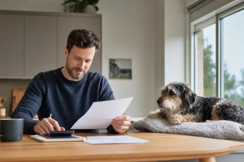 Ein Hundebesitzer sitzt mit einer Tierarztrechnung am Tisch, während ein entspannter Paisley Terrier auf einer Decke liegt.