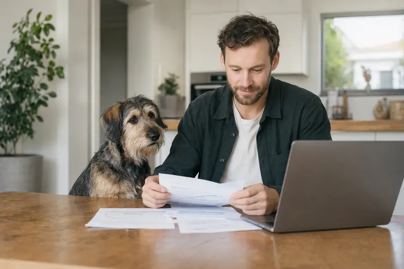 Ein Paisley Terrier sitzt ruhig neben seinem Besitzer am Küchentisch mit Versicherungsunterlagen und einem Laptop zur Hundekrankenversicherung.