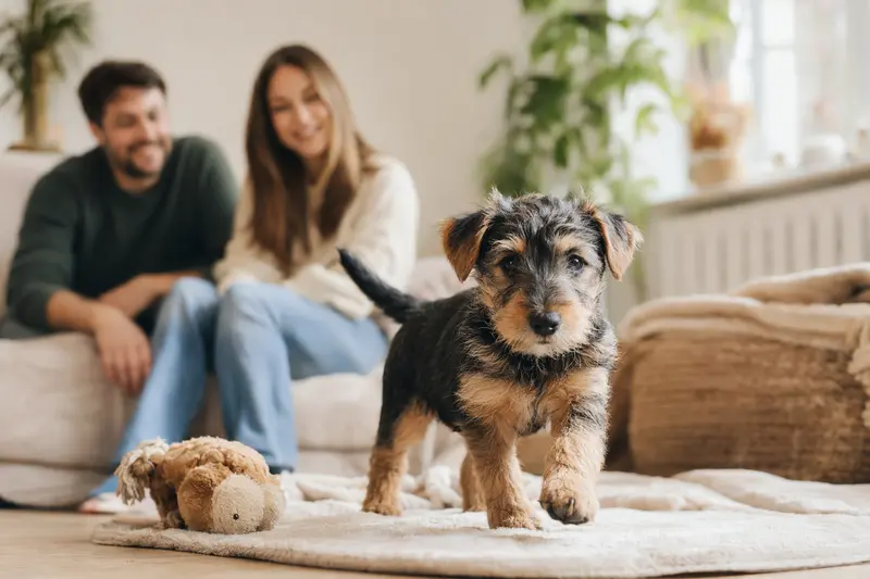 Ein neugieriger Paisley Terrier Welpe erkundet seine neue Wohnung mit einer weichen Decke und Spielzeug im Vordergrund, während eine liebevolle Familie im Hintergrund zu sehen ist.