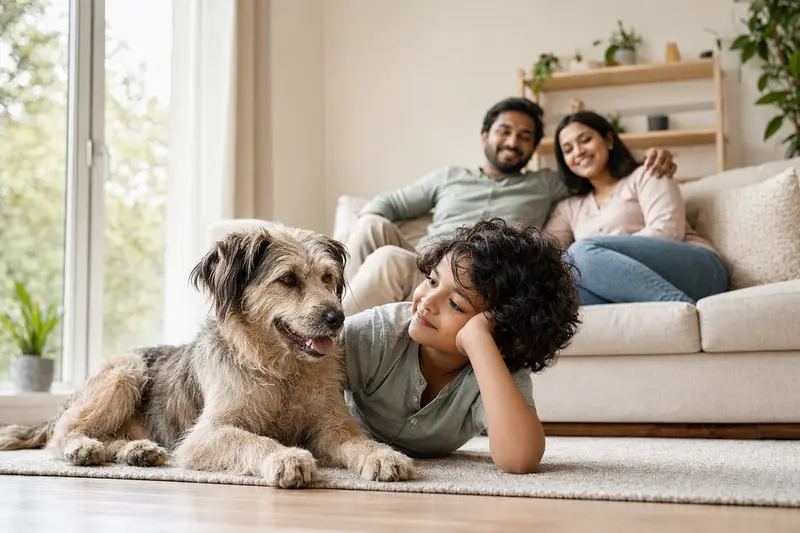 Ein freundlicher Paleiyakaran Hund liegt entspannt neben einem Kind im Wohnzimmer, während die Eltern im Hintergrund eine sichere Familienatmosphäre schaffen.