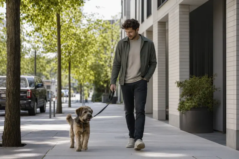 Ein Paleiyakaran Hund läuft an der Leine mit seinem Besitzer durch eine freundliche moderne Stadtstraße.