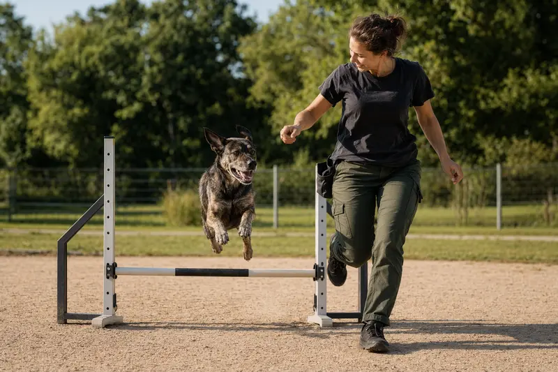 Ein aktiver Paleiyakaran Hund springt mit seinem Besitzer über eine kleine Trainingshürde auf dem Hundeplatz.