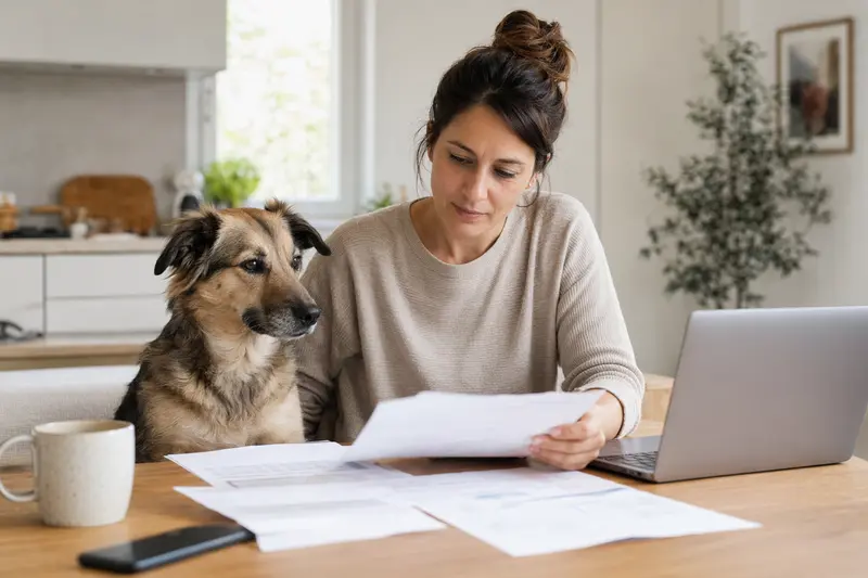 Ein Paleiyakaran Hund sitzt ruhig neben seinem Besitzer am Küchentisch mit Versicherungsunterlagen und Laptop in einer hellen Wohnung.