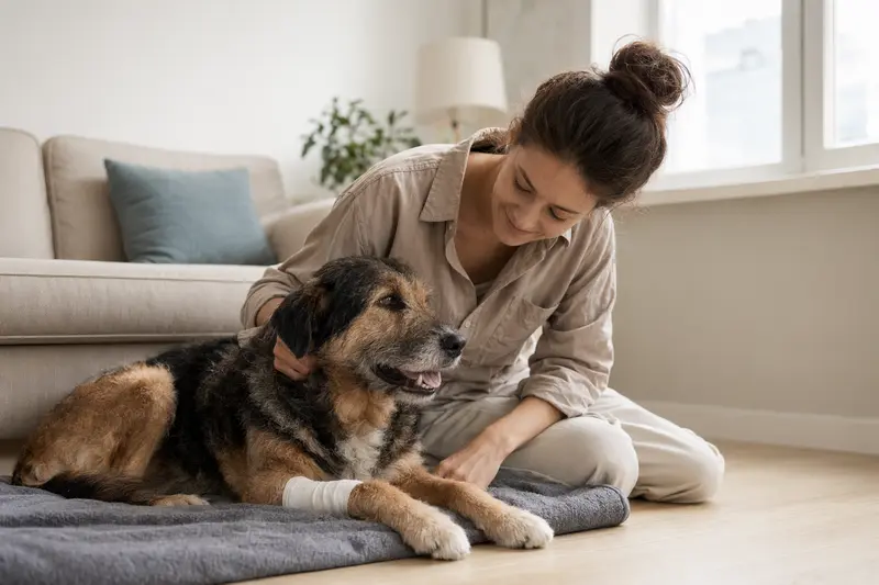Ein Hund mit leicht verbundenen Pfote liegt ruhig auf einer Decke, während sein Besitzer daneben erleichtert sitzt.