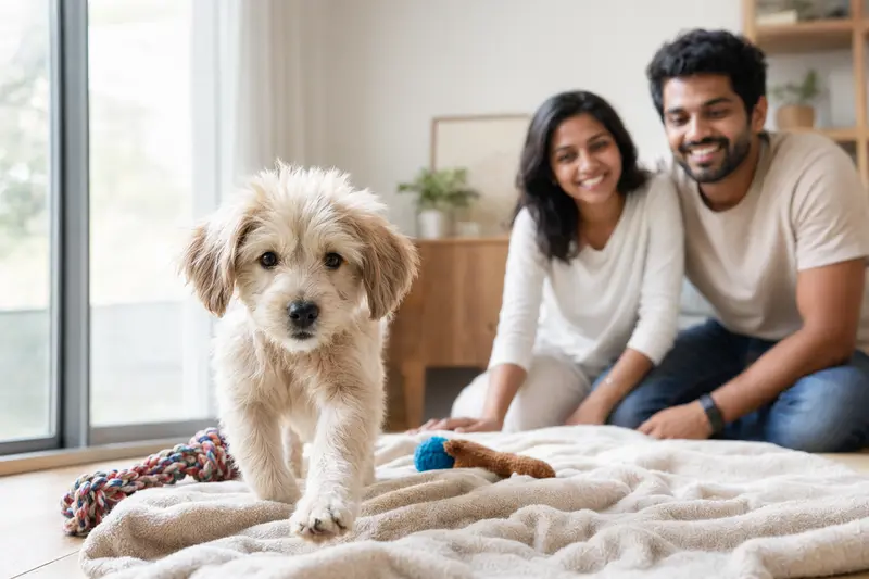 Ein neugieriger Paleiyakaran Welpe entdeckt sein neues Zuhause mit Spielzeug und einer liebevollen Familie im Hintergrund.