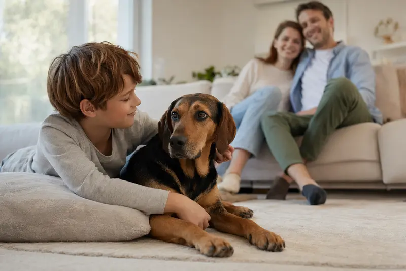 Ein freundlicher Pannonischer Spürhund liegt entspannt neben einem Kind im hellen Wohnzimmer einer Familie.