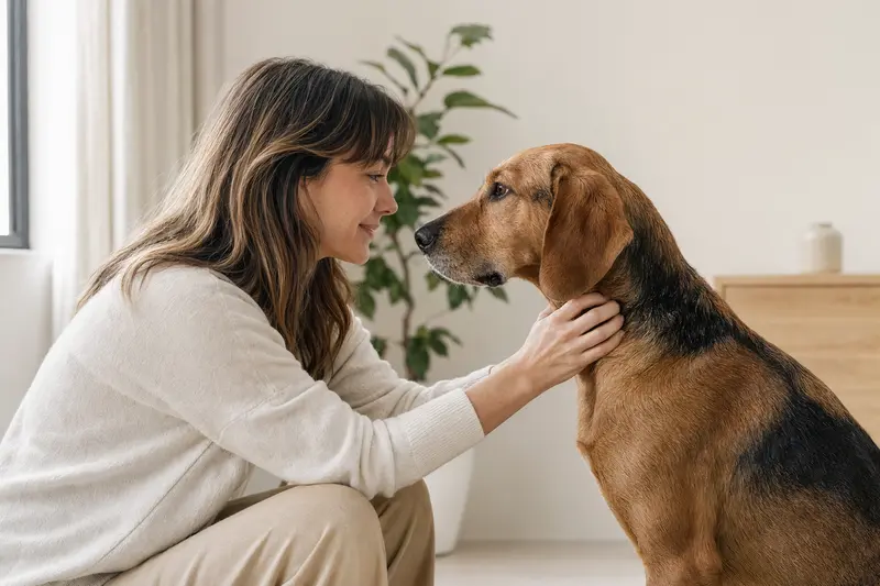 Ein aufmerksamer Pannonischer Spürhund steht in natürlicher Haltung vor hellem Hintergrund und zeigt die typische Fellstruktur der Rasse.