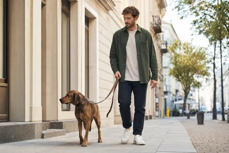 Ein Pannonischer Spürhund läuft an der Leine mit seinem Besitzer durch eine freundliche moderne Stadtstraße.