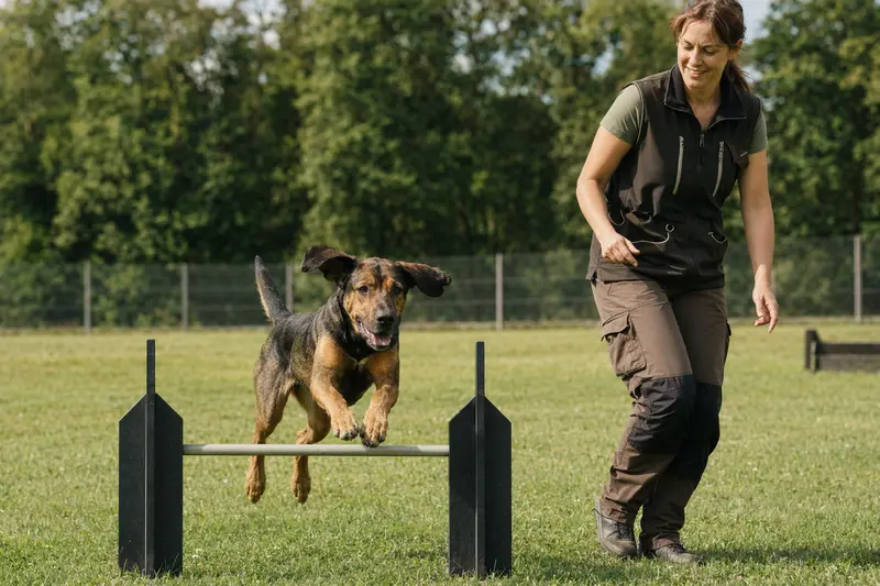 Ein Pannonischer Spürhund springt konzentriert über eine kleine Trainingshürde auf dem Hundeplatz, während sein Besitzer ihn begleitet.