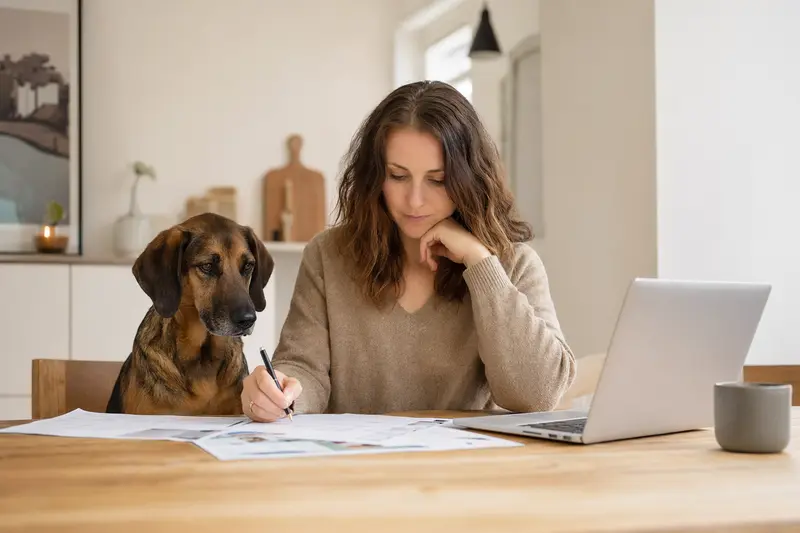 Ein Pannonischer Spürhund sitzt ruhig neben seinem Besitzer am Küchentisch mit Versicherungsunterlagen und einem Laptop mit Vergleichsseite.