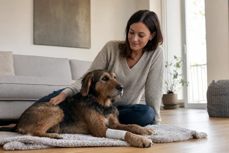 Ein Pannonischer Spürhund mit leichtem Verband an der Pfote liegt ruhig auf einer Decke, während sein Besitzer erleichtert neben ihm sitzt.