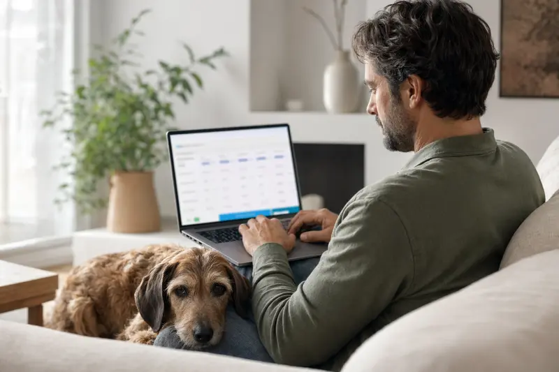 Ein Hundebesitzer arbeitet an einem Laptop mit einem Pannonischen Spürhund auf dem Sofa, während sie eine neutrale Versicherungsvergleichsseite betrachten.