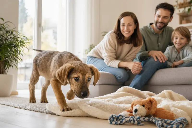 Ein neugieriger Pannonischer Spürhund Welpe entdeckt sein neues Zuhause in einer freundlichen Wohnung mit seiner liebevollen Familie im Hintergrund.