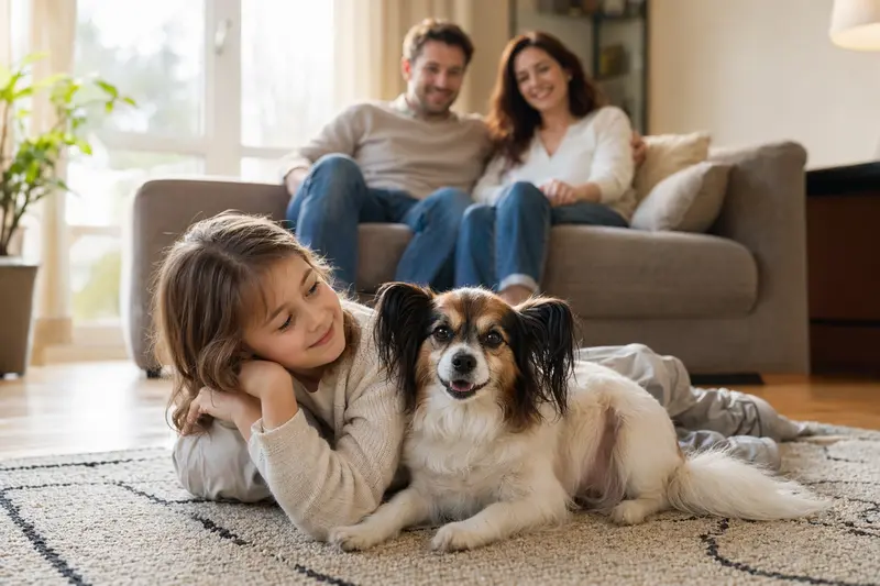 Ein Papillon Hund liegt entspannt neben einem Kind im hellen Wohnzimmer, während die Eltern im Hintergrund eine sichere Familienatmosphäre schaffen.