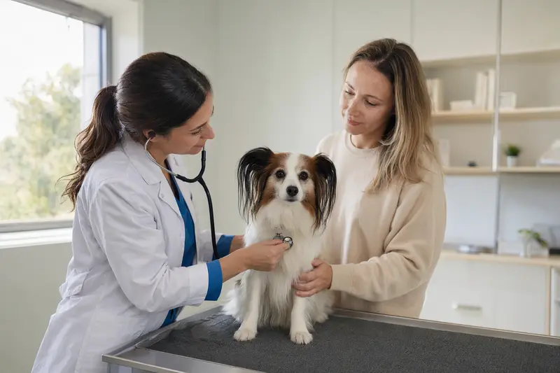 Ein ruhiger Papillon Hund wird von einer freundlichen Tierärztin in einer modernen Praxis untersucht.