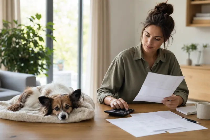 Ein Hundebesitzer sitzt mit einer Tierarztrechnung am Tisch, während ein entspannter Papillon auf einer Decke daneben liegt und das Thema Tierarztkosten für Hunde veranschaulicht.