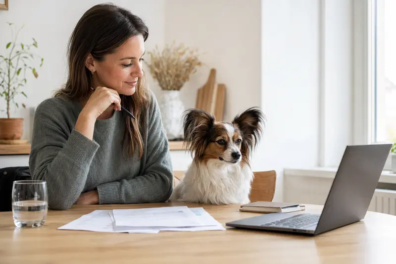 Ein Papillon Hund sitzt ruhig neben seinem Besitzer am Küchentisch, während Versicherungsunterlagen und ein Laptop mit einer neutralen Vergleichsseite sichtbar sind.