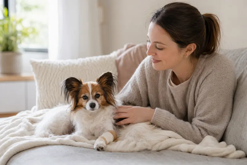 Ein Papillon Hund liegt mit leichtem Verband an der Pfote ruhig auf einer Decke, während sein Besitzer erleichtert daneben sitzt.