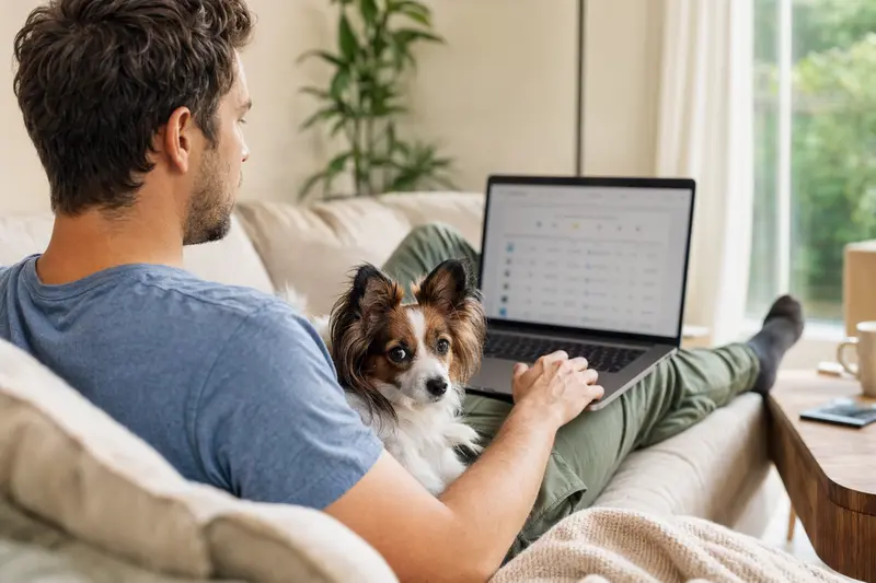Ein Hundebesitzer sitzt entspannt mit einem Laptop auf dem Sofa, während ein Papillon Hund neben ihm liegt und eine neutrale Versicherungsvergleichsseite auf dem Bildschirm sichtbar ist.