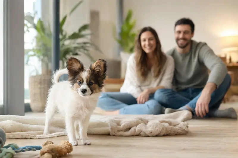 Ein neugieriger Papillon Welpe erkundet sein neues, liebevolles Zuhause mit weicher Decke und Spielzeug.