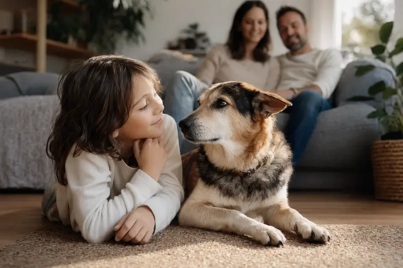 Ein freundlicher Pariahund liegt entspannt neben einem Kind im hellen Wohnzimmer, während die Eltern im Hintergrund eine sichere Familienatmosphäre vermitteln.