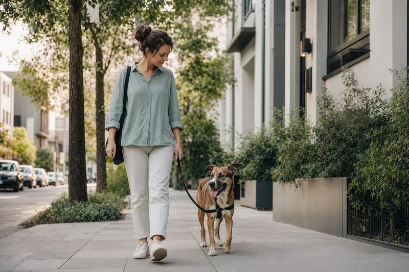 Ein Pariahunde-Hund läuft an der Leine mit seinem Besitzer durch eine moderne Stadtstraße im Alltag.