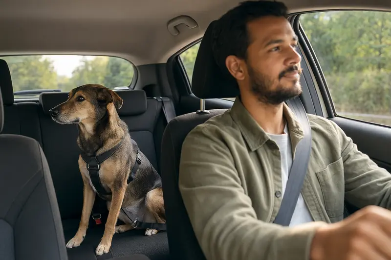 Ein Pariahunde sitzt sicher angeschnallt auf der Rückbank eines Autos, während der Besitzer ruhig fährt.