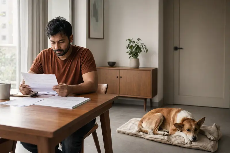 Ein Hundehalter sitzt mit einer Tierarztrechnung am Tisch, während ein ruhiger Pariahund entspannt auf einer Decke liegt und an Tierarztkosten erinnert.