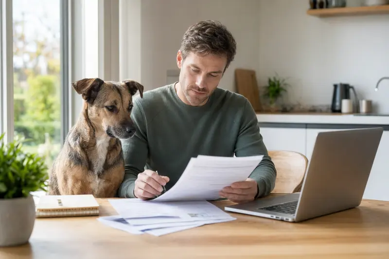 Ein Pariahund sitzt ruhig neben seinem Besitzer am Küchentisch mit Versicherungsunterlagen und Laptop für den Hundekrankenversicherung-Vergleich.