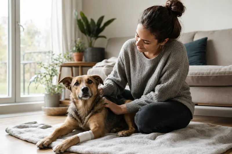 Ein Pariahund mit leicht verbundenem Pfötchen liegt ruhig auf einer Decke, während sein Besitzer erleichtert neben ihm sitzt.