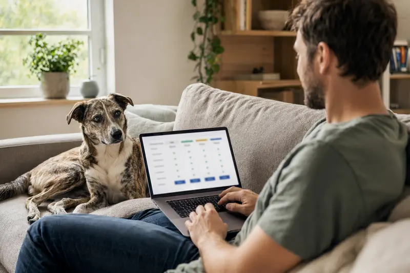 Ein Hundebesitzer sitzt auf dem Sofa mit seinem Pariahund und vergleicht online Tierversicherungen.