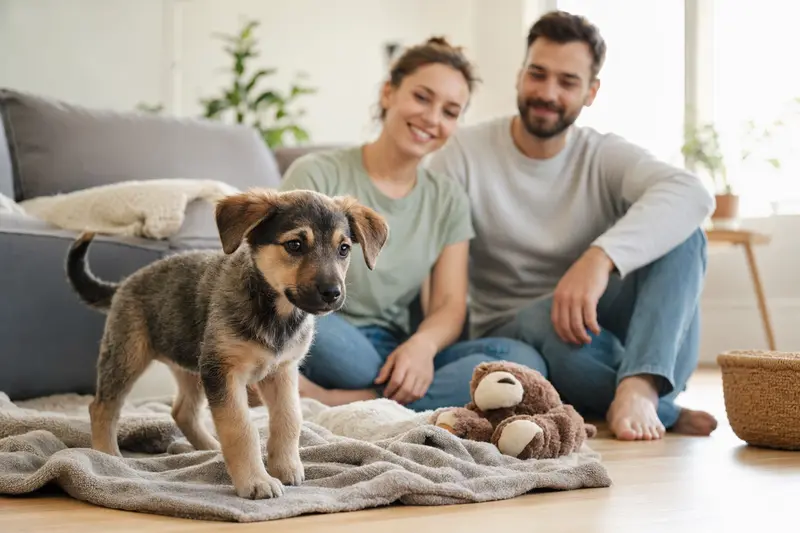 Ein neugieriger Pariahunde Welpe erkundet sein neues Zuhause mit Spielzeug und einer liebevollen Familie im Hintergrund.