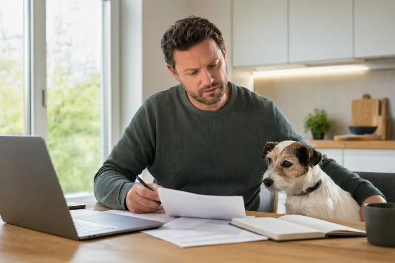 Ein Parson Jack Russell Terrier sitzt ruhig neben seinem Besitzer am Küchentisch mit Versicherungsunterlagen und Laptop zur Hundekrankenversicherung.